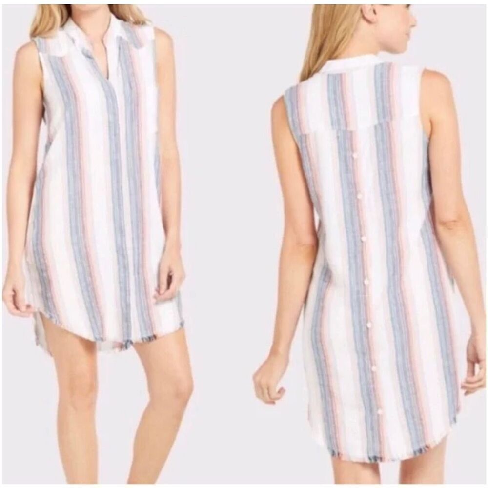 Cloth & Stone Sleeveless Striped Shirt Dress Frayed Hem Casual Comfy size xsmall